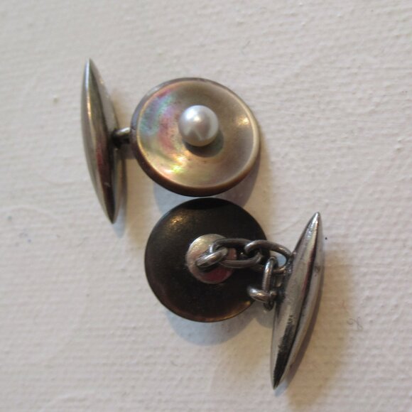 Art Deco, Vintage/Antique, Cufflinks, Black MOP w/ pearl, SBM chain & toggle. - Picture 3 of 6